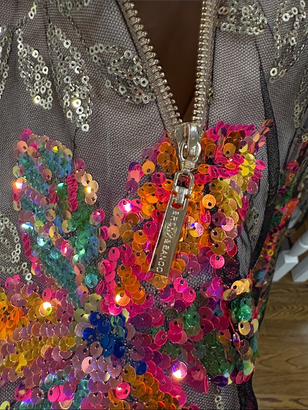 Bronx and Banco Brown Mini Dress with Multicolor Sequin Floral Embroidery - Picture 11 of 16
